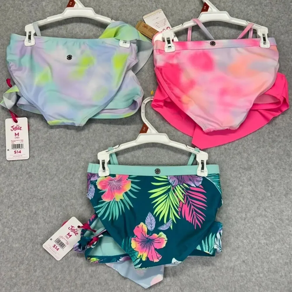 Justice Girls M 10 Bikini Swimsuit 6pc Lot Tie Dye Floral Mix Match UPF 50 NEW